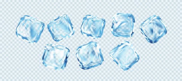 Zestaw realistycznych kostek lodu izolowanych na białym, przezroczystym tle. Naprawdę przejrzysty efekt lodu. Ilustracja wektora - Wektor, obraz