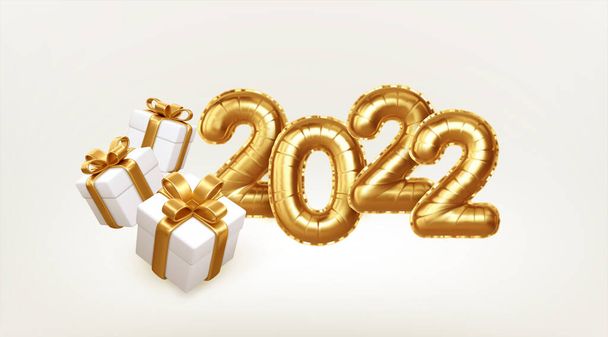 Happy new year 2022 metallic gold foil balloons and gift boxes on white background. Golden helium balloons number 2022 New Year. Vector illustration - Vector, Image
