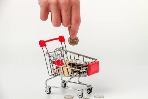 A man's hand puts 10 Israeli shekels into a grocery cart containing Israeli coins. - Φωτογραφία, εικόνα