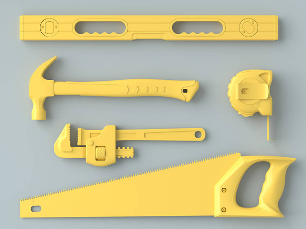 Top view of monochrome construction tools for repair and installation on grey and yellow background. 3d rendering and illustration of service banner for house plumber or repairman - Fotoğraf, Görsel