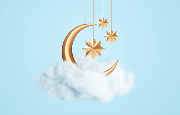 Crescent moon, golden stars and white clouds 3d style isolated on blue background. Dream, lullaby, dreams background design for banner, booklet, poster. Vector illustration - Vector, Image