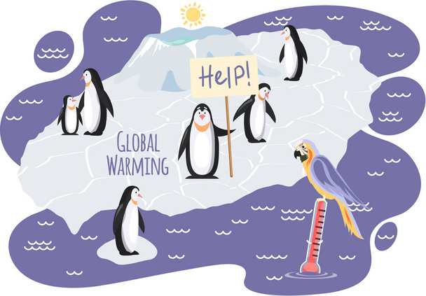 Penguins on ice floe asking for help during global warming. Melting glaciers due to climate change - Vektor, obrázek