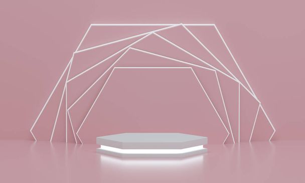 podium hexagonal avec lumière pour l'affichage des produits avec fond rose tourné hexagonal moderne. Piédestal ou plateforme vide. Rendu 3D. - Photo, image