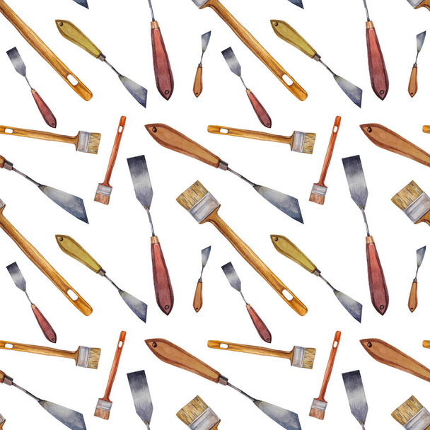 Seamless pattern watercolor yellow repairs tool paintbrush and palette knife on white background. Artist hand-drawn object for make-up, sticker, card, sketchbook, coloring book, wrapping - Φωτογραφία, εικόνα