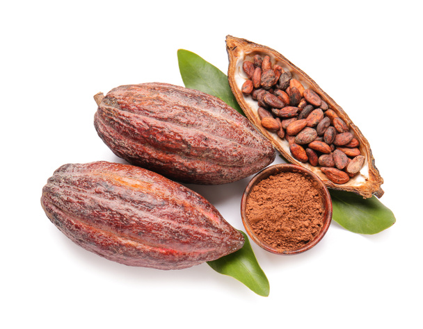 Frische Kakaofrüchte, Bohnen und Pulver auf weißem Hintergrund - Foto, Bild