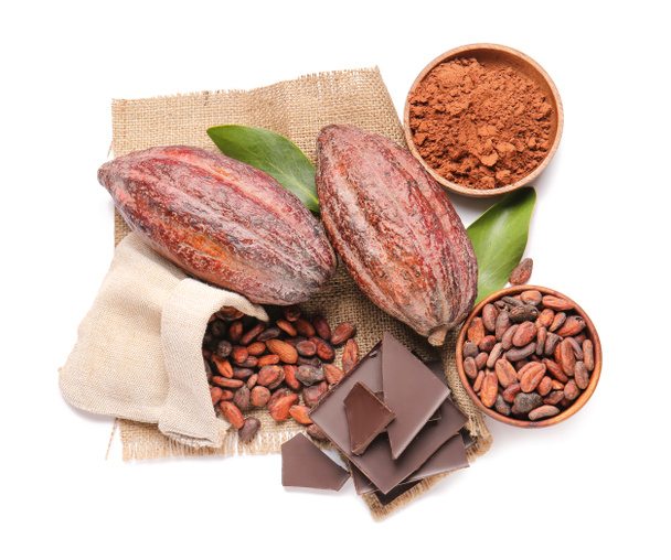 Composition with cocoa fruits, beans, powder and chocolate on white background - Photo, Image