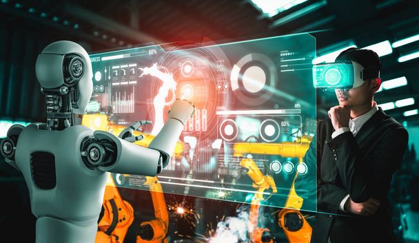 Mekanize endüstri robotu ve insan işçileri gelecekteki fabrikada birlikte çalışıyorlar. - Fotoğraf, Görsel