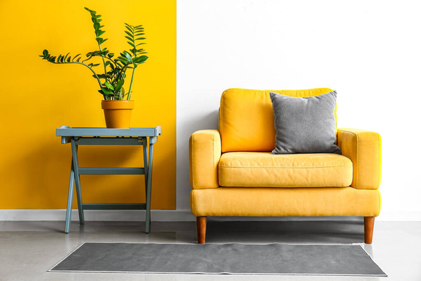 Затишне крісло і кімнатна рослина на столі біля кольорової стіни
 - Фото, зображення