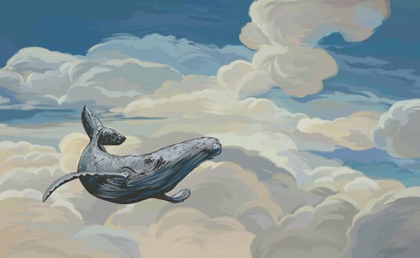 Fond d'écran ciel coloré lumineux. Baleine dans le ciel. Illustration du ciel bleu. Illustration de nuages sur fond bleu. Magnifiquement peint ciel. Illustration de livre dessiné, carte, carte postale, papier peint, murale - Photo, image