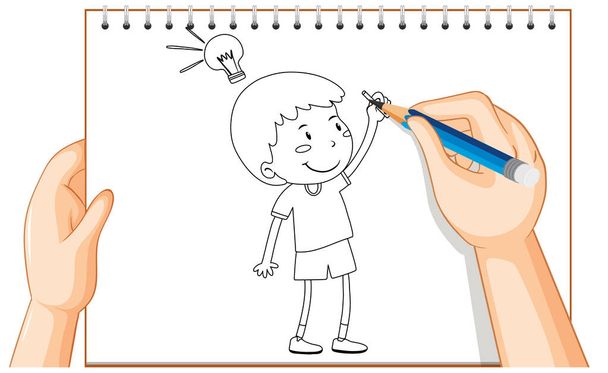 アイデアランプアウトラインイラスト付き子供の手描き - ベクター画像