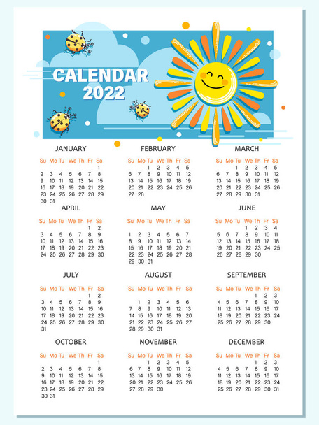 Calendrier solaire 2022. Modèle de calendrier avec soleil de dessin animé, coccinelle. personnage de dessin animé vectoriel.  - Vecteur, image