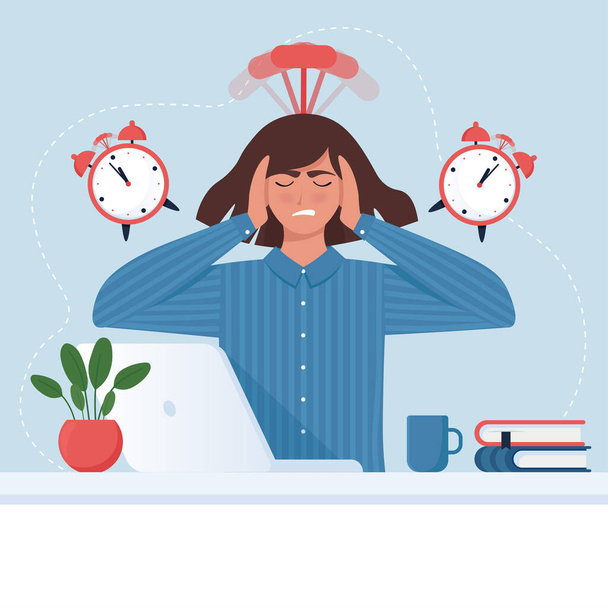 Deadline concept. Anxious business woman at the computer with alarm clock. Vector illustration in cartoon flat style - Vector, Image