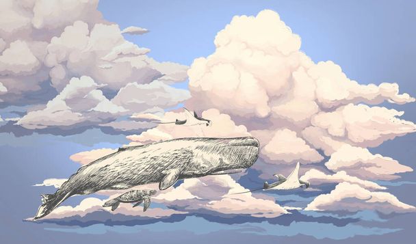 Heldere kleurrijke lucht behang. Walvis in de lucht. Blauwe lucht illustratie. Illustratie van wolken op een blauwe achtergrond. Prachtig beschilderde lucht. Tekening illustratie, kaart, ansichtkaart, behang, muurschildering - Foto, afbeelding
