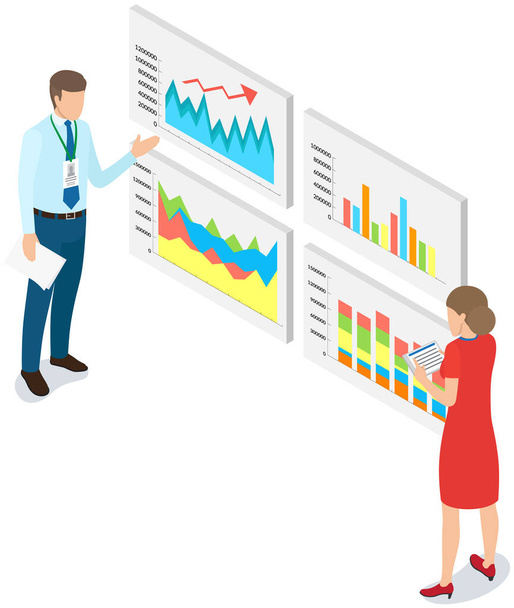 Employees analyze statistical indicators, business data. Characters work with marketing research - Vektori, kuva