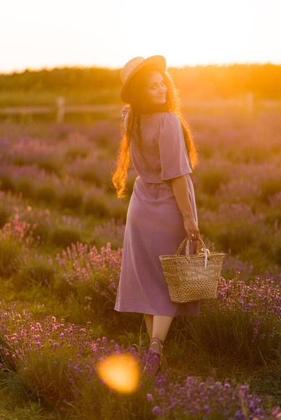 beautiful young woman in a field of lavenders  - Fotografie, Obrázek