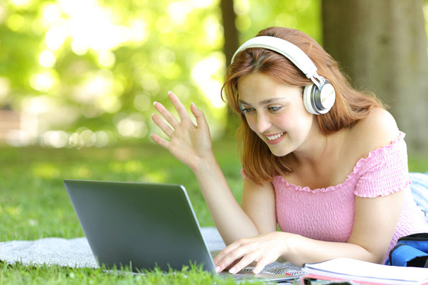 gelukkig vrouw videocalling online met een laptop liggend op het gras in een park - Foto, afbeelding