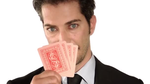 Businessman holding aces poker cards - Imágenes, Vídeo