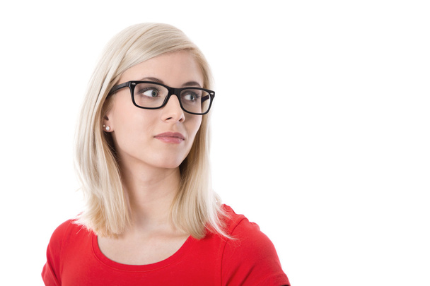 Isolated young businesswoman with glasses and red shirt. - Fotoğraf, Görsel