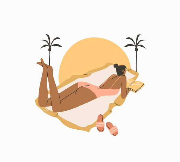 手描きベクトル抽象ストックグラフィック夏の時間漫画、ミニマルなスタイルのイラストプリントでbohemian美しい女の子の日光浴と読書本、白い背景に隔離されたビーチで. - ベクター画像
