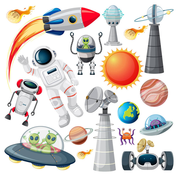 Set of various space objects on white background illustration - Vector, Image
