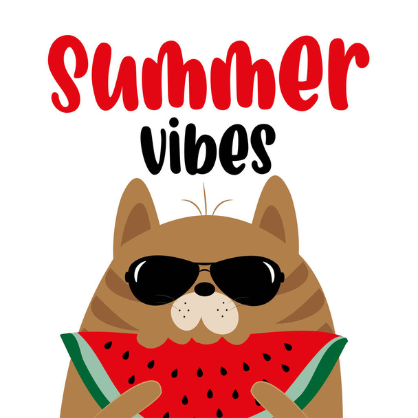 Zomer Vibes - koele kat en watermeloen slice. Goed voor T-shirt print, poster, kaart, reisset, en pther geschenken ontwerp. - Vector, afbeelding