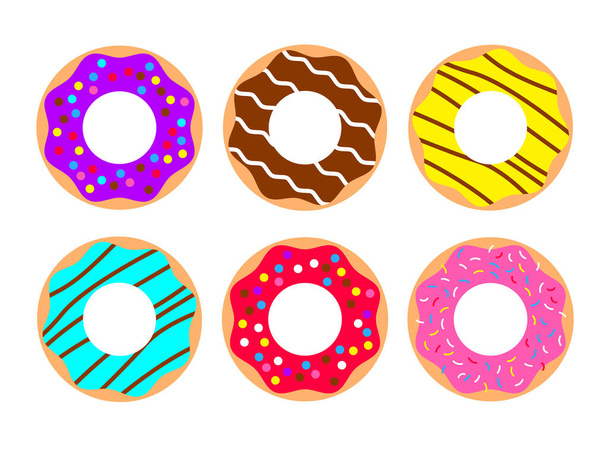 Set of cartoon colorful donuts isolated on white background. Desserts with different fondant and sprinkles for menu design, cafe, delivery box. - Вектор,изображение