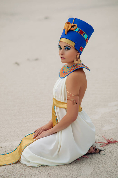 Young woman in image of ancient egyptian queen Nefertiti sits in sandy desert. - Valokuva, kuva