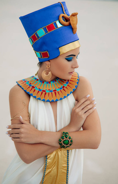 Portrait of young woman in image of ancient egyptian queen Nefertiti against background of sandy desert. - Foto, Imagem