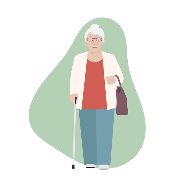 Starsza kobieta chodząca z laską i torbą.  - Wektor, obraz