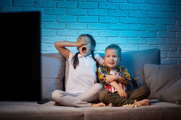 two children with remote control watching TV - Valokuva, kuva
