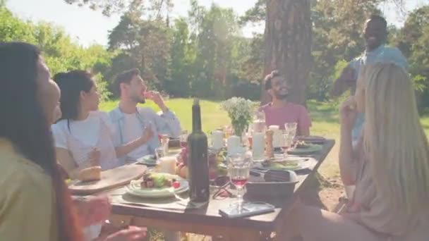 Gruppe multiethnischer Freunde amüsiert sich auf einer Party im modernen Stadtpark beim Mittagessen, Musik hören, singen und tanzen - Filmmaterial, Video