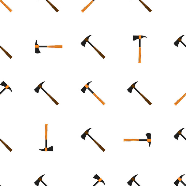 Illustration on theme pattern steel axes with wooden handle, metal ax for hunting. Big kit ax consisting of many identical axes on white background. Forged axes it main male accessory, ax for survival - Vector, Image