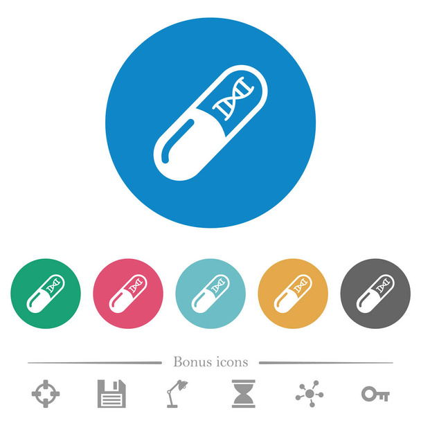 Gyógyszer DNS molekula lapos fehér ikonok kerek színű háttérrel. 6 bónusz ikonok tartalmazza. - Vektor, kép
