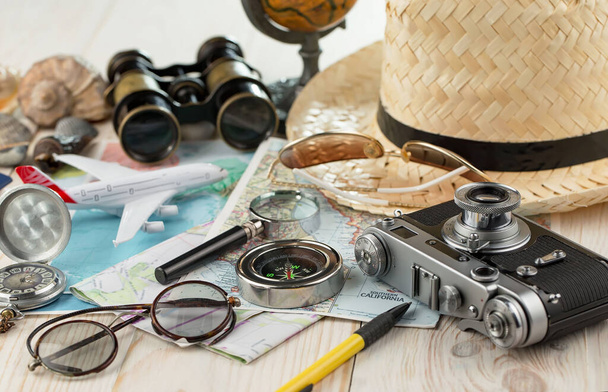 Items for rest and travel in composition on the table. - Photo, Image