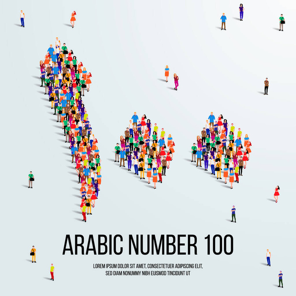 large group of people form to create the number 100 or Hundred in Arabic. People font or Number. Vector illustration of Arabic number 100. - Vektor, kép