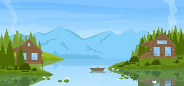 Summer mountain calm landscape with modern wooden houses by lake, pine forest scenic view - Vector, Image