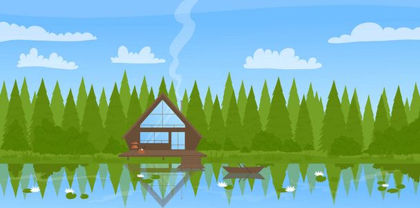 Modern wooden fisherman house cottage by lake, pine trees in wild forest summer landscape - Vector, Image