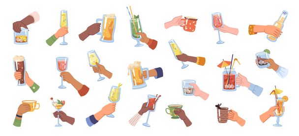 Hands holding cups glasses with drinks beverage - Vector, imagen