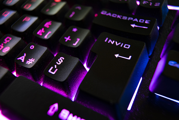 Gaming Backlit keyboard detail in the dark, macro shot - 写真・画像