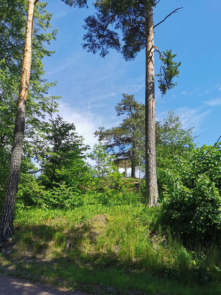 Gazebo de chá na montanha entre as árvores no Parque Monrepos da cidade de Vyborg contra o fundo de um céu azul com nuvens. - Foto, Imagem