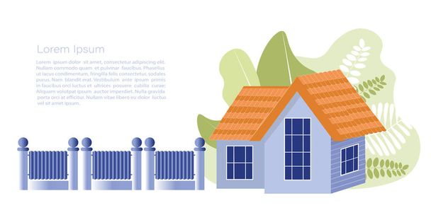 Vector illustration of a country or vacation house with a fence. Vector Template with copy space for invitation, cards or banner and  poster, Landing Page  - Vector, Image