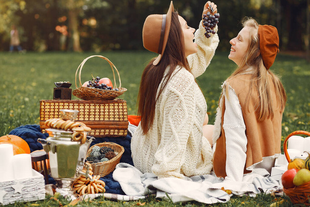Elegant and stylish girls sitting in a autumn park - Foto, Imagem