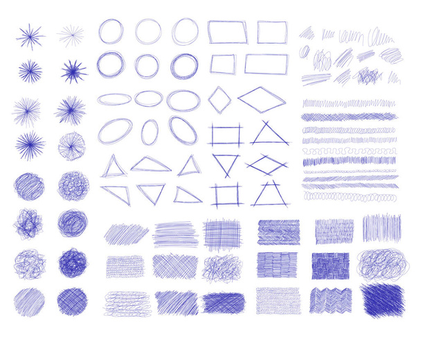 Inchiostro penna scrawl collezione - varie forme di disegni disegnati a mano scarabocchi linea. - Vettoriali, immagini