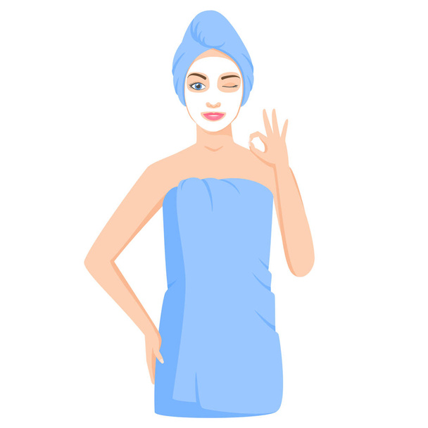 Giovane donna bianca avvolta in asciugamani dopo il bagno o la doccia. Donna che utilizza argilla cosmetica o maschera di foglio. Procedure di cura della pelle e spa a casa. Donna ammiccante mostrando gesto ok. Vettore  - Vettoriali, immagini