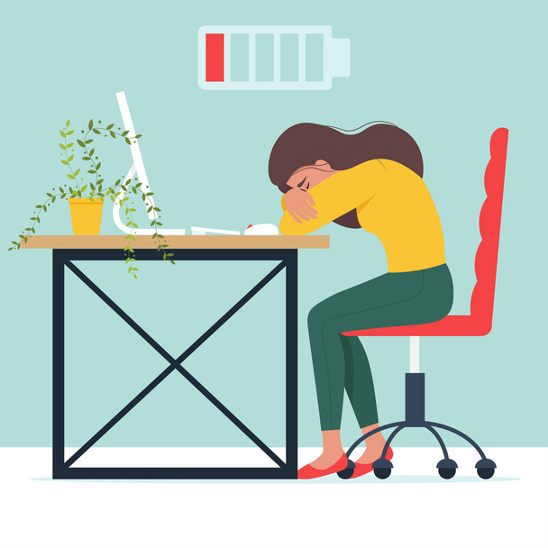 Professional burnout concept. Exhausted female manager sitting at a table. Frustrated worker with mental health problems. Vector illustration in flat style - Vector, Image