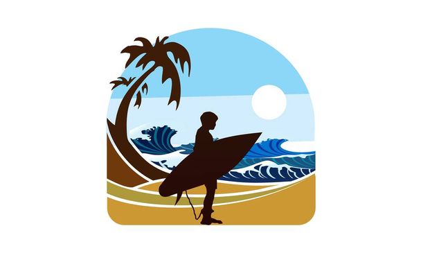  Surfer su una spiaggia Silhouette modello logo Outdoor Vacation Emblem Badge / Surfer su una spiaggia Silhouette modello logo Outdoor Vacation Emblem Badge - Vettoriali, immagini