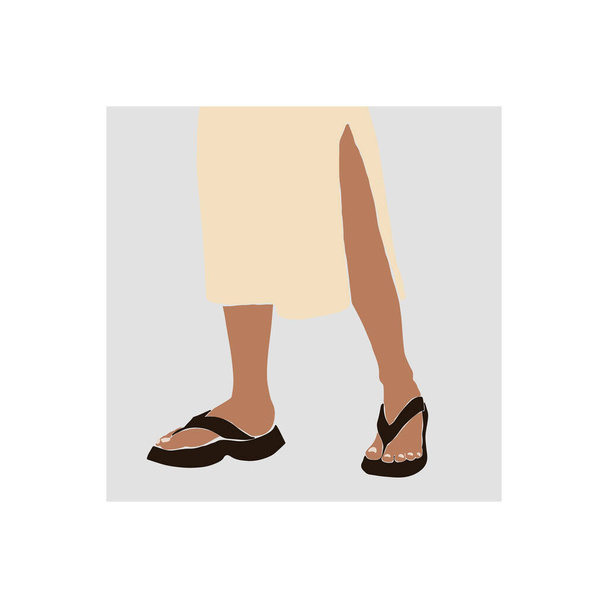 Zapatos de mujer. Sandalias planas de verano de moda. Ajuste piernas y falda de moda. Ilustraciones vectoriales femeninas abstractas. Verano iconos simples de moda. Instagram post, anuncio de negocios, diseño de folleto. - Vector, Imagen