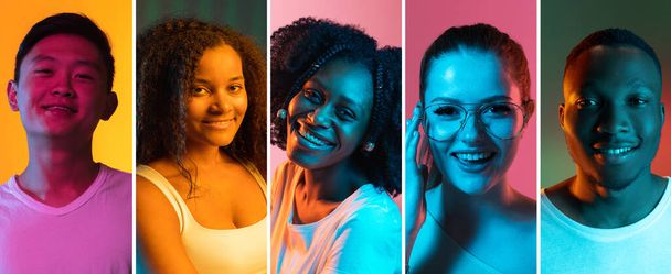 Collage of cropped portraits of six young people, man and women isolated over multicolored neon backgrounds - Valokuva, kuva
