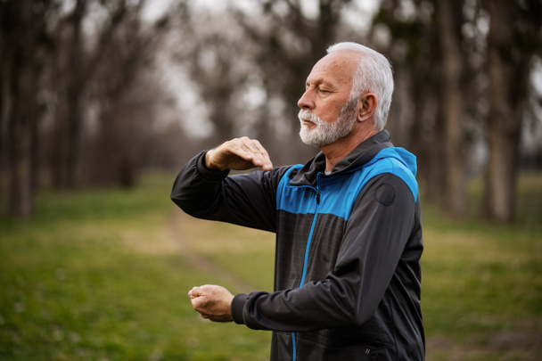 Senior man is practicing Tai Chi exercise in park. - Photo, Image