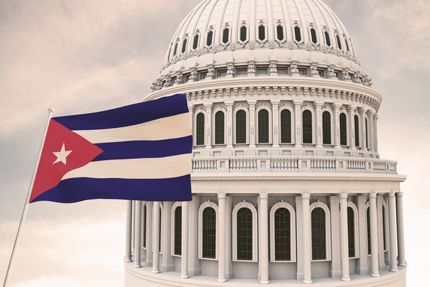 Όμορφη σημαία της Κούβας κυματίζει με τον δυνατό άνεμο και πίσω της ο θόλος του Καπιτωλίου 3D RENDER. - Φωτογραφία, εικόνα